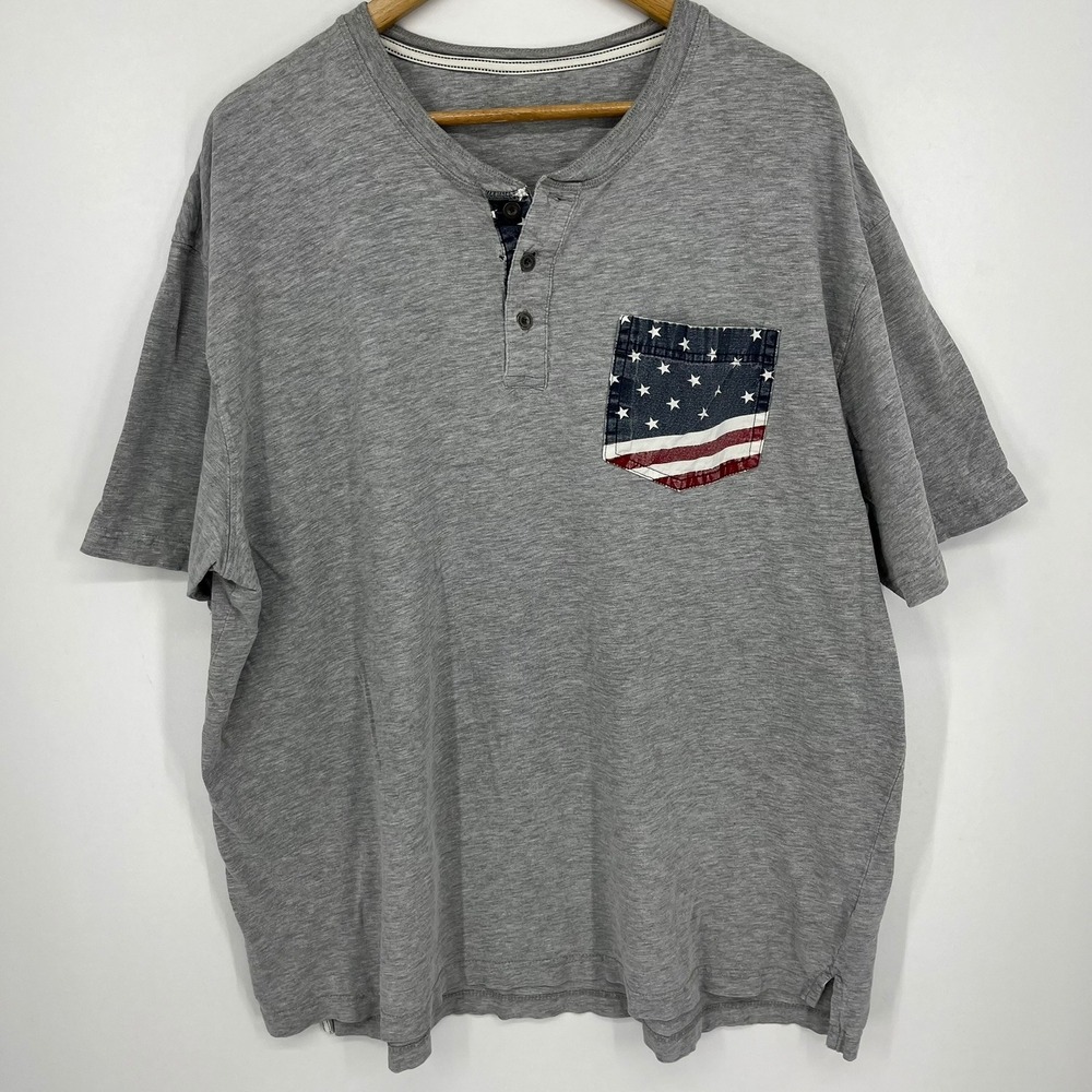 RedHead Brand Co Mens Grey Henley American Flag Pocket Short Sleeve Shirt